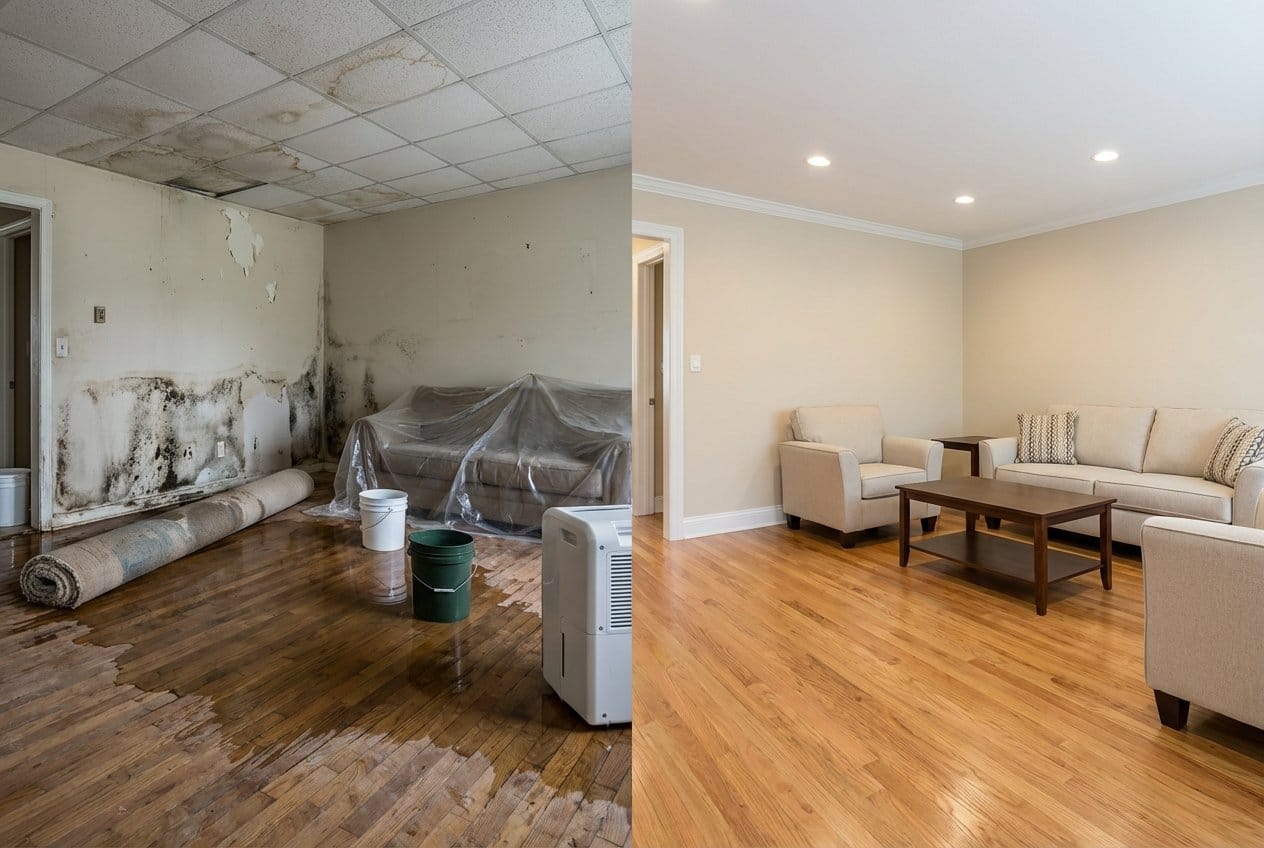 Emergency Water Removal before and after in living room, Fair Lawn NJ