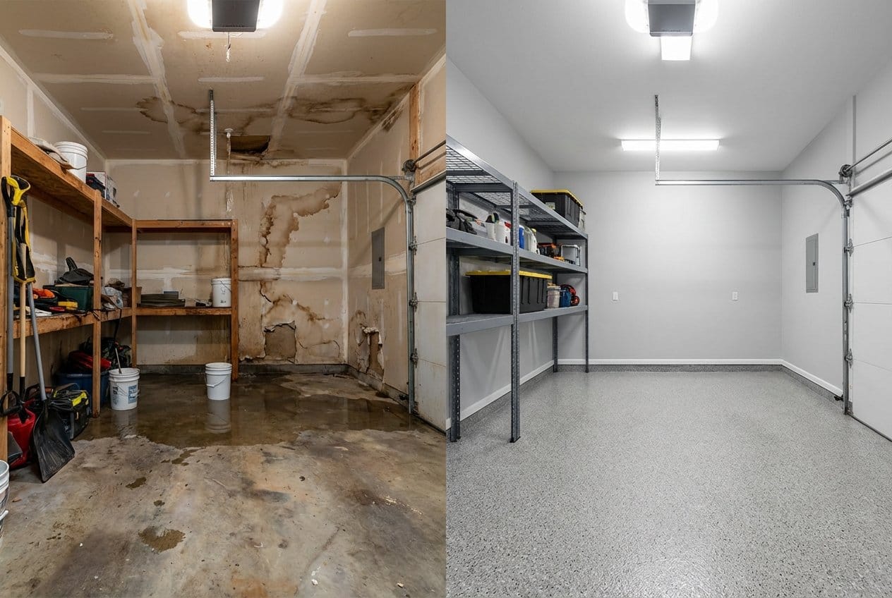 Basement Flood Cleanup before and after in garage, Fair Lawn NJ