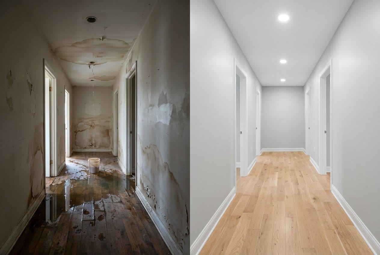 Burst Pipe & Plumbing Leak Damage before and after in hallway, Fair Lawn NJ