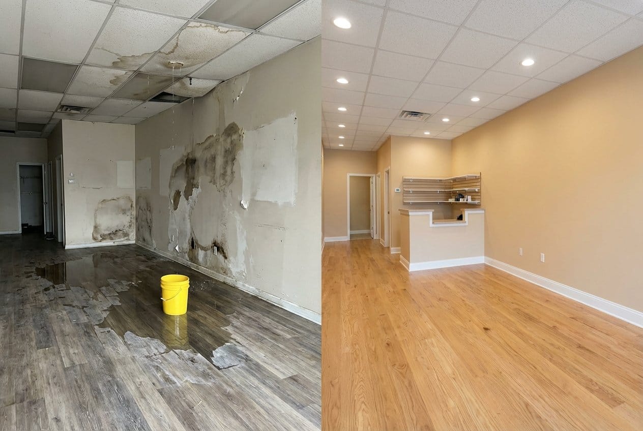 Before and after storm & roof leak water damage in Fair Lawn Cape Cod house storefront interior