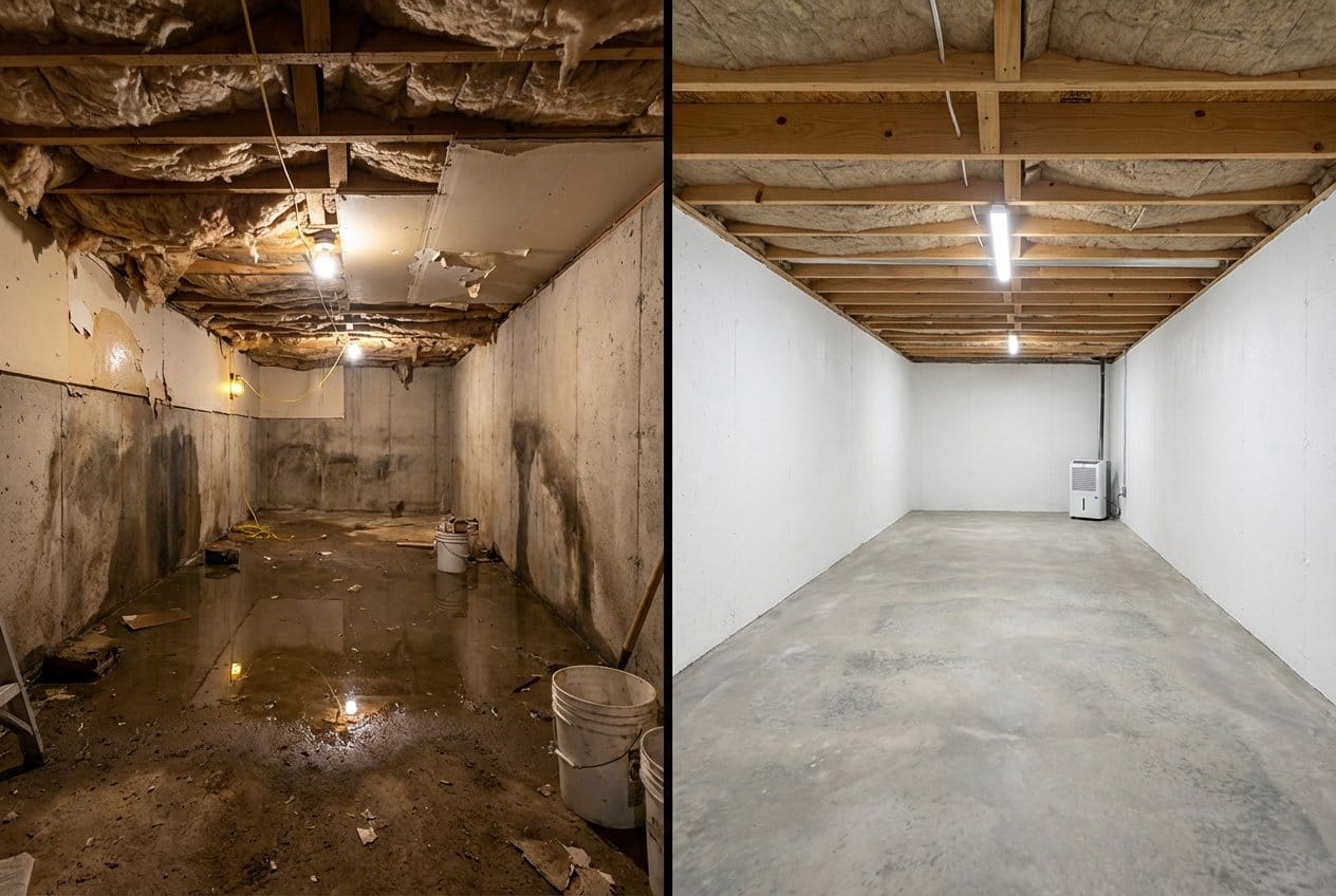 Carpet & Flooring Water Damage Cleanup restoration — crawl space of bungalow in Fair Lawn, NJ